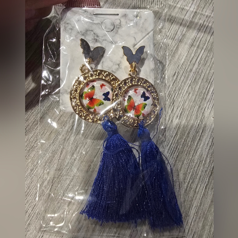 Gold & Blue Butterfly Tassel Earrings - Women Jewelry